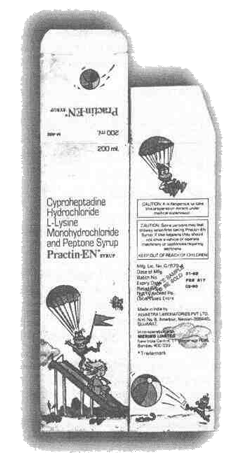 Текст на упаковке стимулятора аппетита ципрогептадина, побуждающий использовать его для детей, Индия, 1989-90 гг.